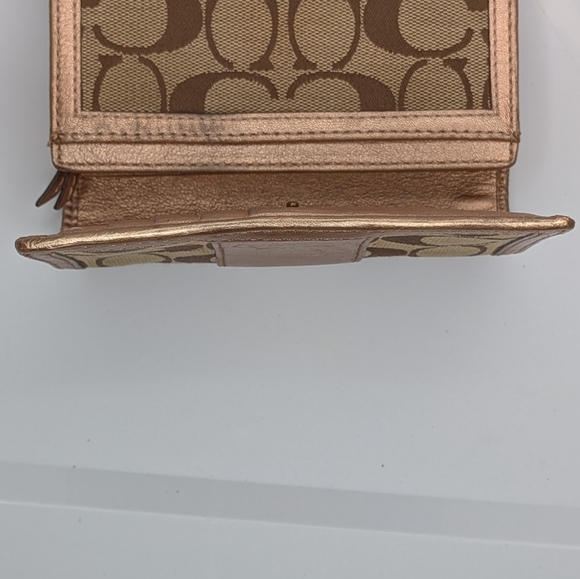 Coach Wallet Signature Canvas Trifold Khaki Brown Rose Gold Metallic Leather - Picture 10 of 14